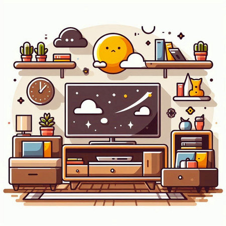 Vector illustration of living room interior with furniture, TV, bookshelf, clock, cacti and other items.のイラスト素材