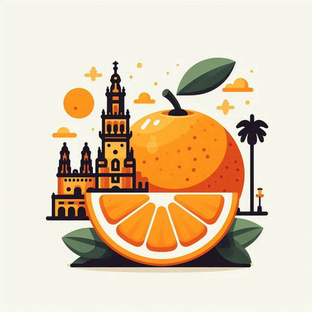 Vector illustration of an orange with the famous landmark of Seville.のイラスト素材