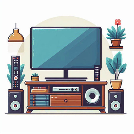 Home living room flat vector illustration. Living room interior with TV, sofa, tv and plant.のイラスト素材