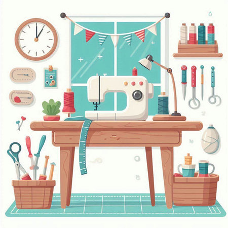 Sewing workshop. Sewing machine and tools. Vector illustration.のイラスト素材