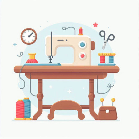 Sewing tools and accessories on the table. Vector illustration in flat styleのイラスト素材