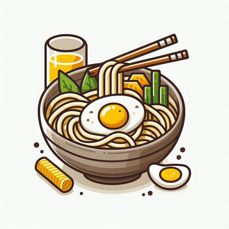Bowl of noodle soup with egg and chopsticks. Vector illustration.のイラスト素材