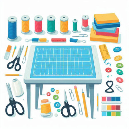 Sewing tools on the table. Sewing kit. Vector illustrationのイラスト素材