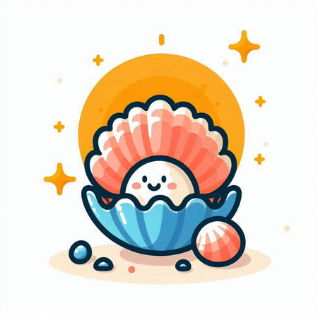 Cute cartoon sea shell with a smiling face. Vector illustration.のイラスト素材