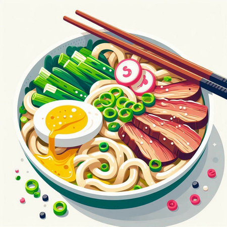 Illustration of udon noodles with meat, egg and vegetables.のイラスト素材