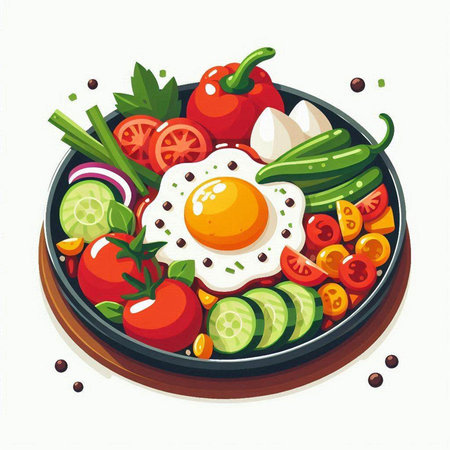Vegetable salad with fried egg in a frying pan. Vector illustration.のイラスト素材