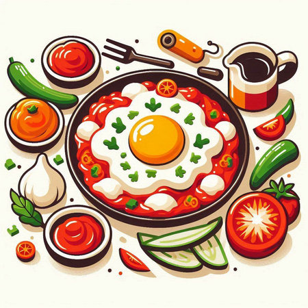 Fried eggs in a frying pan with vegetables. Vector illustration.のイラスト素材