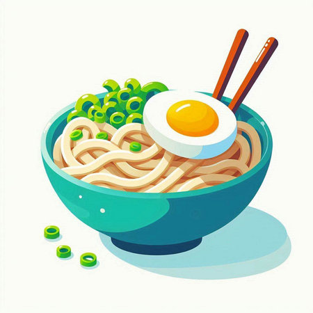 Illustration of bowl of udon noodles with egg and chopsticksのイラスト素材