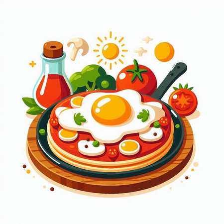 Fried eggs on a round plate with vegetables and spices. Vector illustration.のイラスト素材