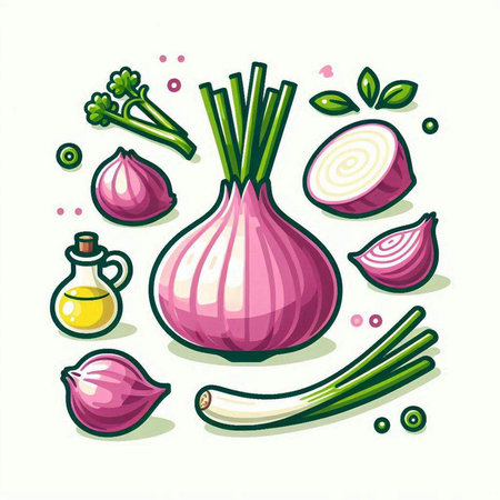Illustration of onion and garlic set. Vector illustration of vegetables.のイラスト素材