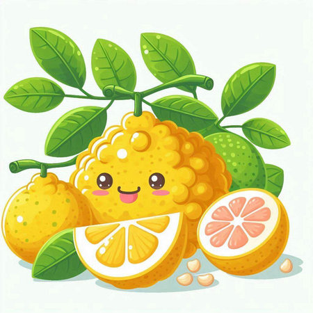 Cute kawaii lemon fruit character with green leaves. Vector cartoon illustration.のイラスト素材