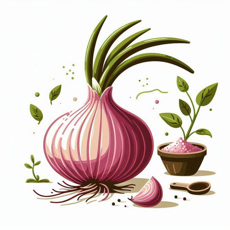 Illustration of a fresh red onion with green leaves and some spices on a white backgroundのイラスト素材