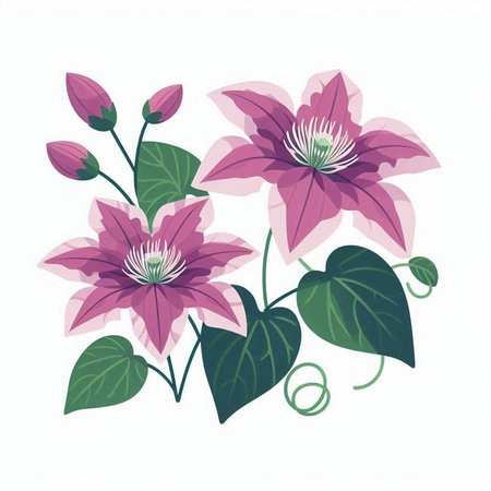 Beautiful purple clematis flowers isolated on white background. Vector illustration.のイラスト素材