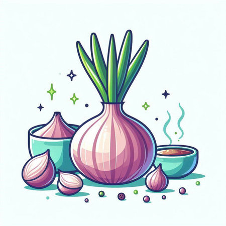 Illustration of fresh onions, garlic, salt and pepper on white backgroundのイラスト素材