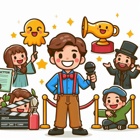 cartoon people with movie related objects on white background, vector illustrationのイラスト素材