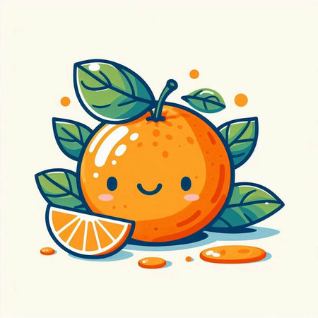 Cute cartoon tangerine with leaves and orange slice. Vector illustration.のイラスト素材