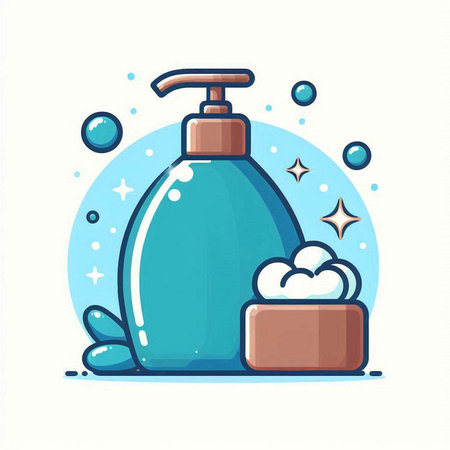 Vector illustration of a soap dispenser and soap bar with foam and bubbles.のイラスト素材