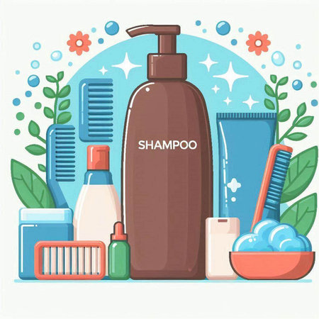 Hair care products. Vector illustration of shampoo, shower gel, hairbrush, shampoo, conditioner, lotion, shampoo.のイラスト素材