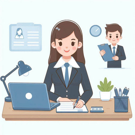 Business woman working at the desk with laptop and documents. Vector illustration.のイラスト素材