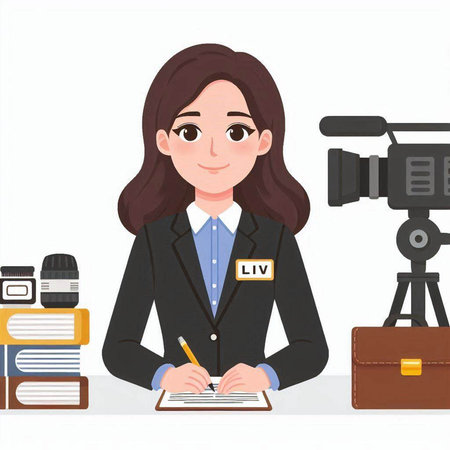 Illustration of a female journalist sitting in front of a camera and making notesのイラスト素材