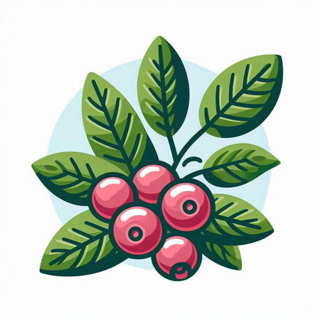 Cranberry branch with red berries and green leaves. Vector illustration.のイラスト素材
