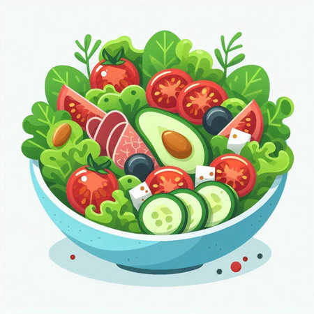 Salad with avocado, tomato, cucumber and olives. Vector illustrationのイラスト素材