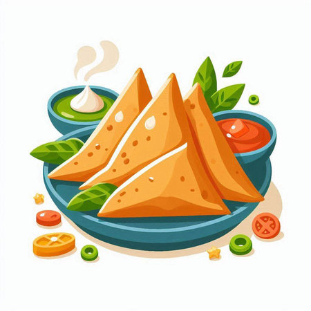Vector illustration of traditional indian samosas on plate with sauce.のイラスト素材