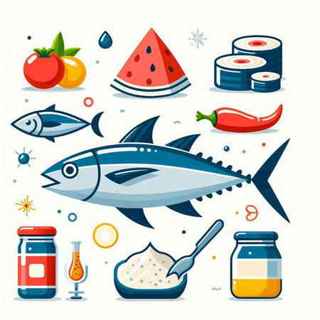 Set of fish icons. Vector illustration in flat style. Seafood.のイラスト素材