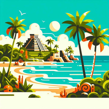 Tropical island with palm trees, sun and sea. Vector illustrationのイラスト素材