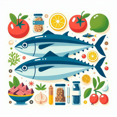 Vector illustration of healthy food. Fish, tomato, lemon, spices and herbs.のイラスト素材