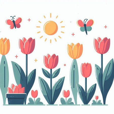 Colorful vector illustration with tulips, butterflies and sun. Flat style.のイラスト素材
