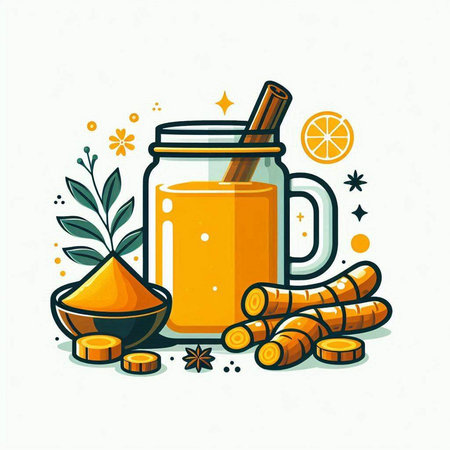 Ginger tea in glass jar with cinnamon, ginger root, lemon and star. Vector illustration.のイラスト素材