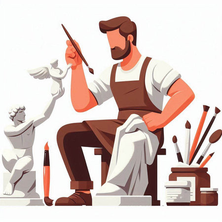 Painter at work. Vector illustration in cartoon style on white backgroundのイラスト素材