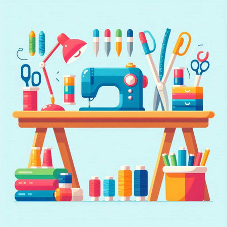 Sewing tools. Sewing machine, scissors, threads, pins, pins, scissors, pencils, felt-tip pens. Vector illustrationのイラスト素材