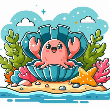 Illustration of a Cute Crab Cartoon Character Surrounded by Coralのイラスト素材