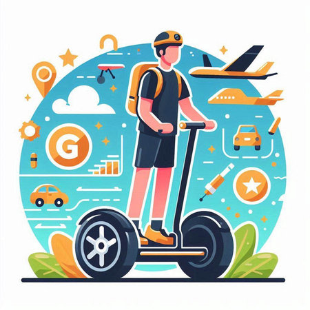 Electric scooter flat vector illustration. Young man riding on gyro scooter.のイラスト素材