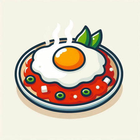 Fried egg with tomato and basil on plate. Vector illustration.のイラスト素材