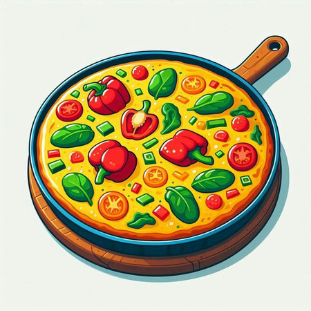Illustration of a hot pizza on a frying pan with vegetables.のイラスト素材