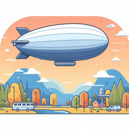 Airship in the sky. Vector illustration in flat design style.のイラスト素材