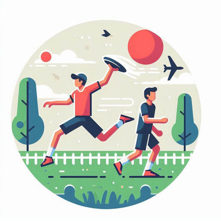 Soccer players running in the park. Vector illustration in flat styleのイラスト素材