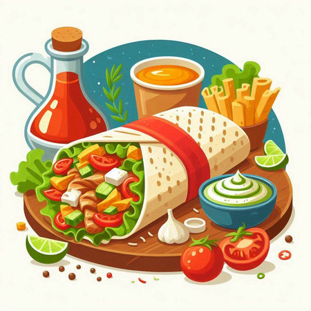 Traditional mexican burrito with vegetables and sauce. Vector illustrationのイラスト素材