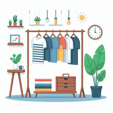 Wardrobe with different clothes and accessories. Vector illustration in flat styleのイラスト素材