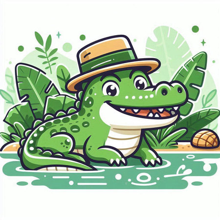 Crocodile in hat and green leaves, vector illustration.のイラスト素材