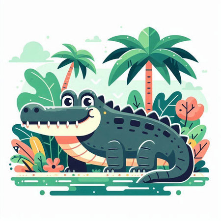 Cute crocodile in the jungle. Vector illustration in flat styleのイラスト素材