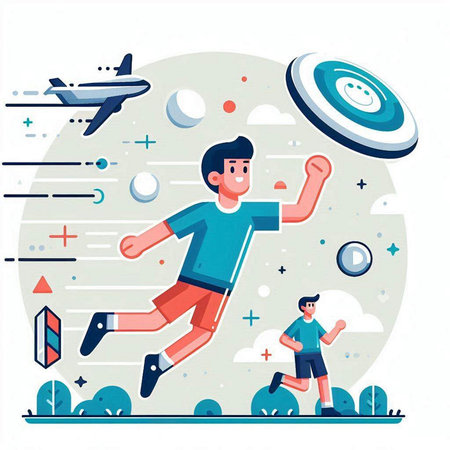 Man running away from flying objects. Vector illustration in flat style.のイラスト素材