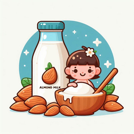 Cute little girl with almond milk in a glass bottle. Vector illustration.のイラスト素材