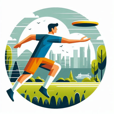 Vector illustration of a young man playing football in the city park.のイラスト素材