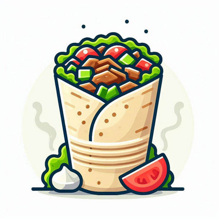 Illustration of a tortilla wrap with meat and vegetables. Vector illustration.のイラスト素材