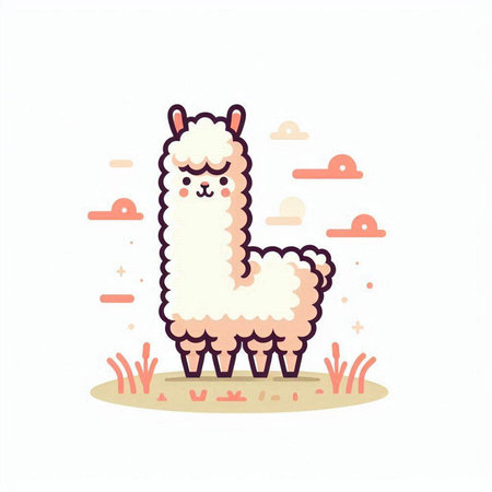 Cute cartoon alpaca on the meadow. Vector illustration.のイラスト素材