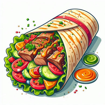 Tortilla wrap with meat, vegetables and sauce. Vector illustration.のイラスト素材